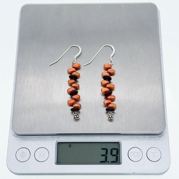 Vintage Sterling Silver 925 Orange Pearl Glass Beaded Dangle Earrings - Picture 5 of 5